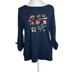 LOFT Outlet Navy Blue Garden Nature Graphic Top 3/4 Tie Sleeves Small‎ Flower